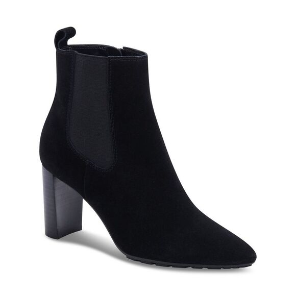 AQUA COLLEGE Womens Black Katlyn Pointed Toe Stacked Heel Suede Booties 11 M